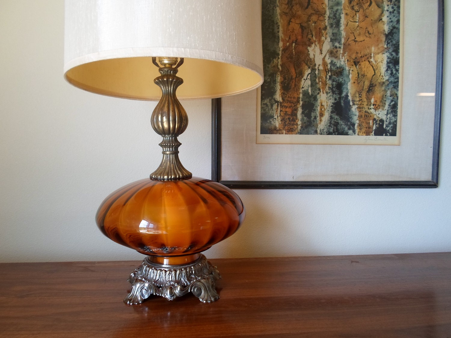 Vintage 1971 L&LWMC Hand Blown Orange Glass Table Lamp And