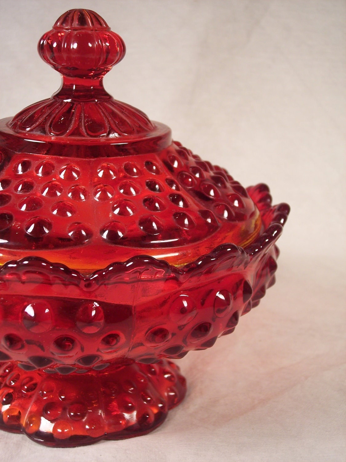 Beautiful Fenton Red Amberina Hobnail Candy Dish with Lid