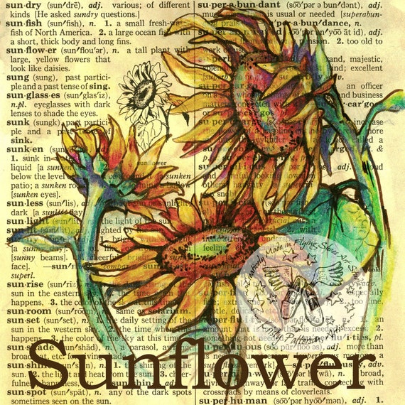 Items similar to PRINT Sunflower on Distressed, Dictionary Page on Etsy