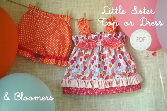 Little Sister Top or Dress and Bloomers  -  Baby Toddler Girls Beginner Easy PDF Dress Pattern Sizes 0-3, 3-6, 6-12, 18 months, 2, 3, 4, 5