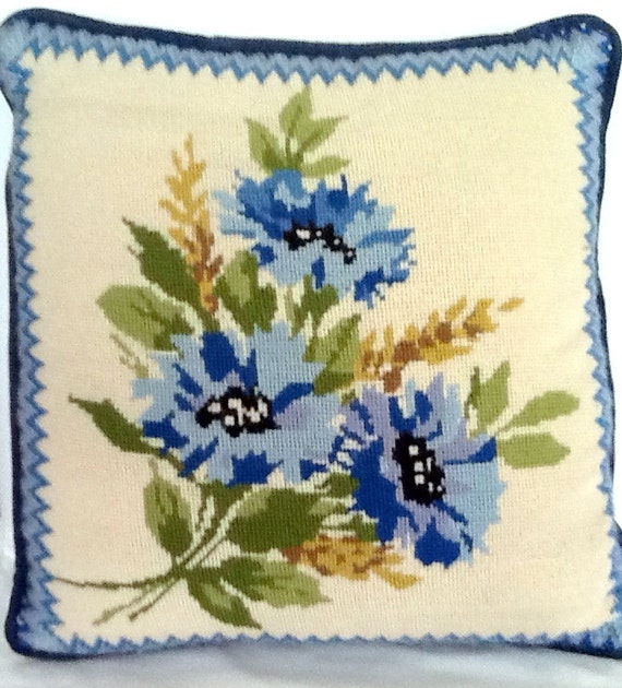 Vintage Needlepoint Pillow Flame Stitch Edge and Velvet Back