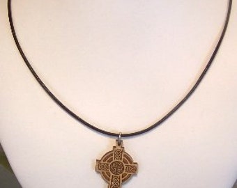 Wooden Celtic Cross on a Brown Leather Necklace -0296