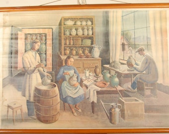 Vintage Belgian School Chart of Potter's Workshop