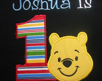 Personalized First Birthday Pooh Bear Birthday Shirt for boys and girls.