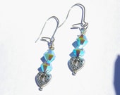 Swarovski crystal turquoise beads/Silver Metal hearts on Silver ear wires