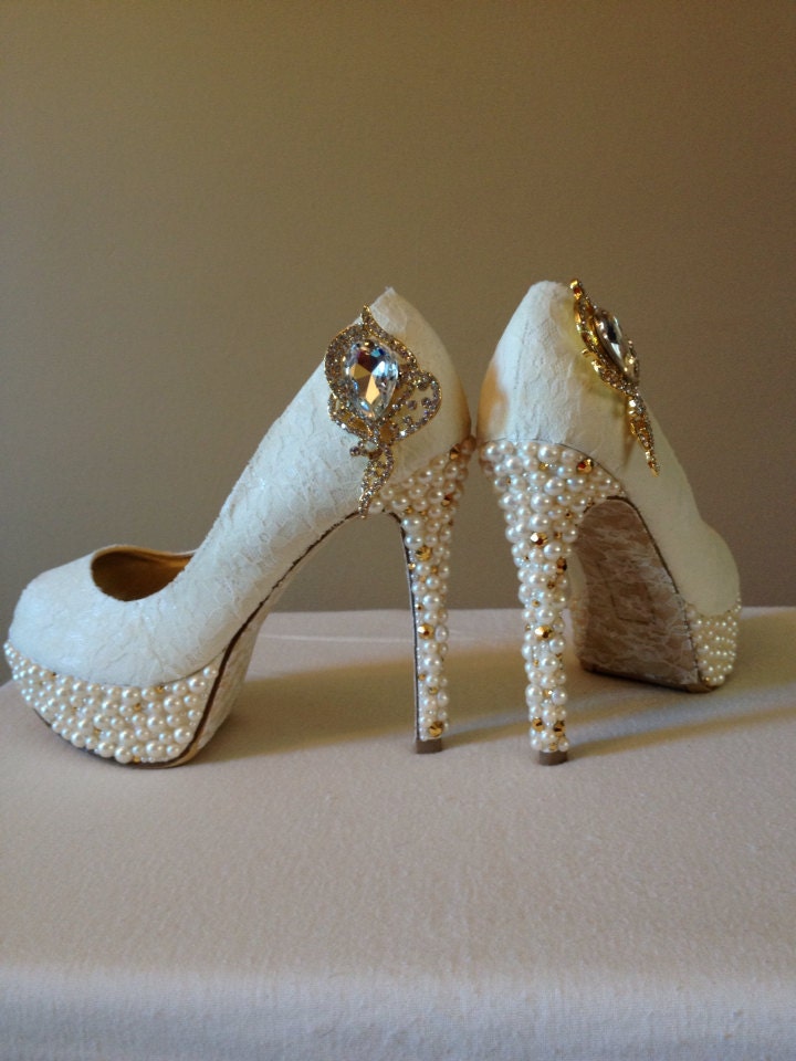 Pearl and Gold Swarovski Wedding pumps by Allfortheglam on Etsy