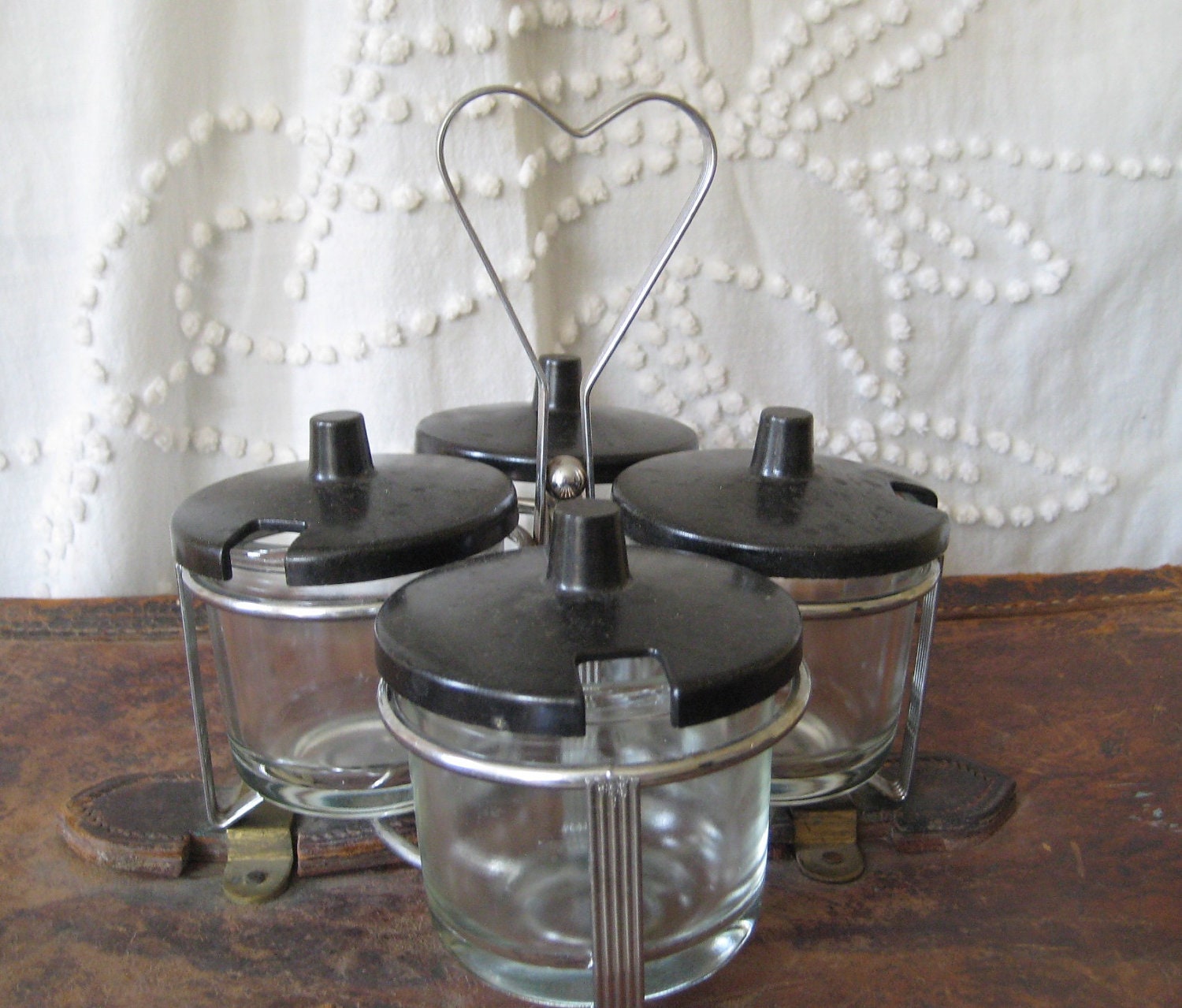 Condiment caddy, Four Holder Condiment Glass Containers Set, Retro