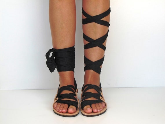 Leather Sandals, handmade, Unique design, with plisse scarf straps in black "APHRODITE" AS14 All sizes Available