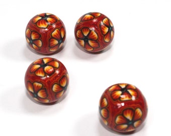 Elegant beads in a variety of orange, yellow and red, Polymer Clay round beads, Millefiori unique beads in flower pattern, Set of 4
