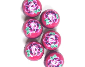 Elegant beads in a variety of pinks, purple and white, Polymer Clay round compressed beads, Millefiori rose beads, Set of 6