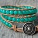 Turquoise triple wrap bracelet. Jade beads on natural leather. Boho beaded leather wrap