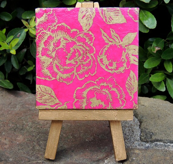 Pretty Pink and Gold Flowers on Mini Canvas by ArtisticWineBottles
