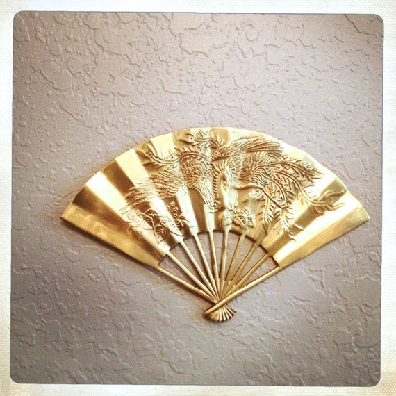 vintage solid brass asian fan peacock relief chinoiserie wall