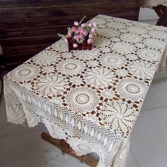 Crocheted Rectangular Beige Tablecloth by TableclothShop