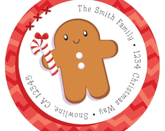 Gingerbread Man Christmas Address Label Stickers, Christmas Return Address Labels - 24 Round Custom Holiday Stickers, Christmas Labels