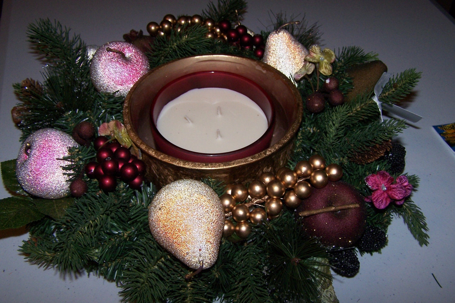 Large Christmas candle ring with beaded fruit and gold berries Christmas Candle Ring