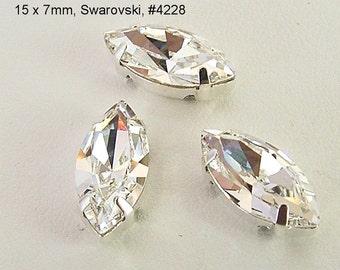 Clear Crystal, 15x7mm Swarovski Navette Sew On Rhinestones, Set of 3 - Clear, 4228, 4 hole Silver Settings, Navette Rhinestones