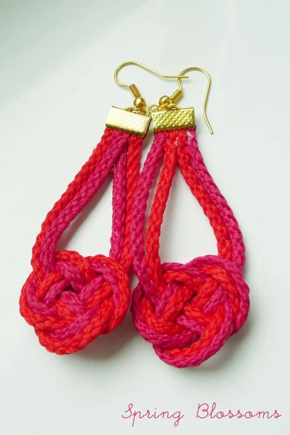 Items similar to Nautical knotted rope earrings in Pink and Red on Etsy