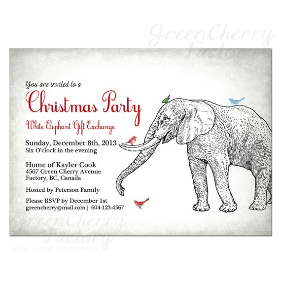 Items similar to White Elephant Christmas Party Invitation Vintage