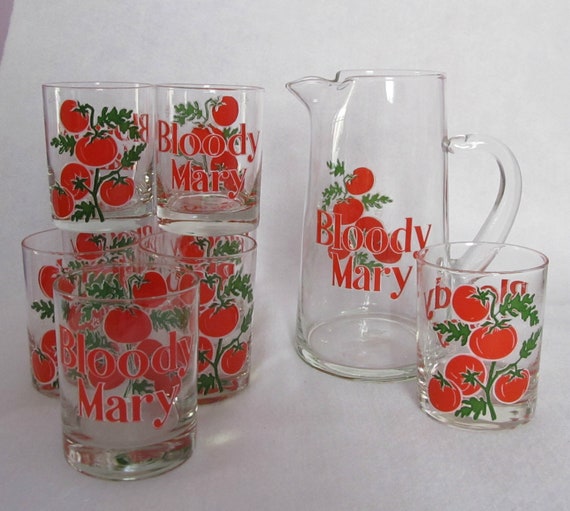 Vintage Barware Bloody Mary Pitcher and 8 Drinking Glasses