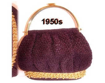 Vintage 1950s Purse Brown Crocheted Designer Handbag Mad Man Collectible Garden Party Rockabilly Retro Dress Designer VLV