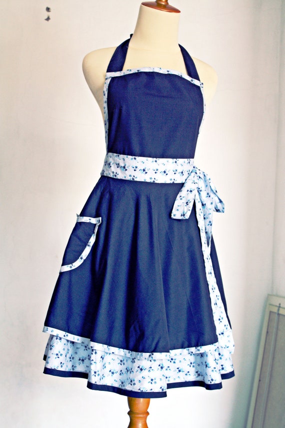 Simply Dark Blue Flowery Butterfly Sweet Feminine Apron By Chimod