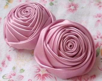 2 Handmade Ribbon Rolled Roses (2 inches) in Tulip MY-012 -015 Ready To Ship
