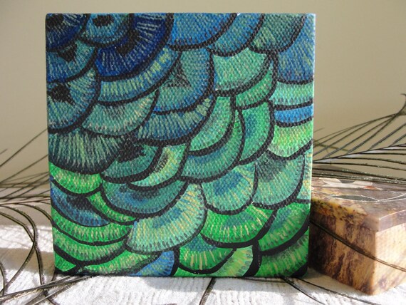 peacock painting mini canvas blue and by EllenBrennemanStudio
