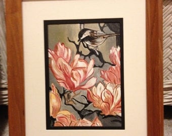 Chickadee on Magnolia Blossom - 5 x 7 acrylic painting displayed in 9 x 12 wood frame