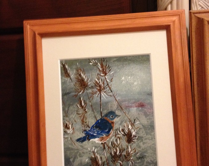 Bluebird in Winter - 8 x 10 acrylic on canvas in a 14 x 16 wood frame