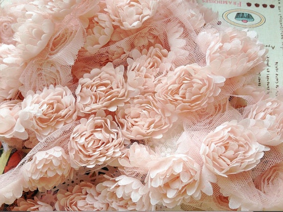 3D Lace Trim Chiffon Fabric Flowers Pink Daisy Appliques DIY