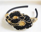 black and gold beads headband, black and gold beads hairband, black and gold Wedding hair piece, bridal headpiece, hairband, head accessory