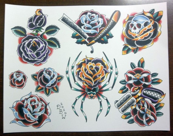 Roses: Traditional Tattoo Flash Sheet