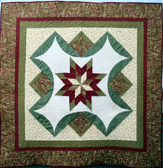 Art Quilt Quilted Wall Hanging Star Quilt Green Red and Cream