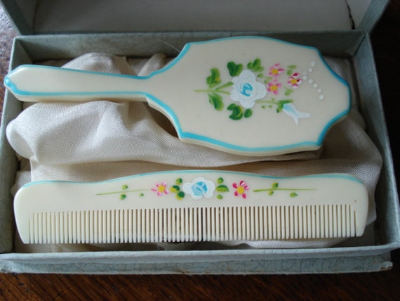 VINTAGE Hand Painted Baby Hair Brush Comb Set by ALadiesShop