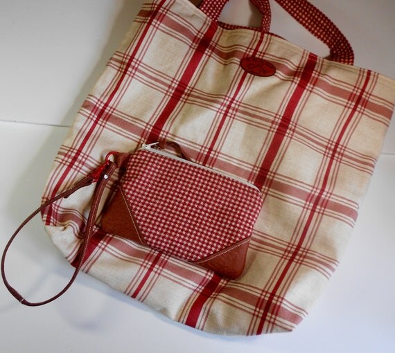 red plaid tote bag