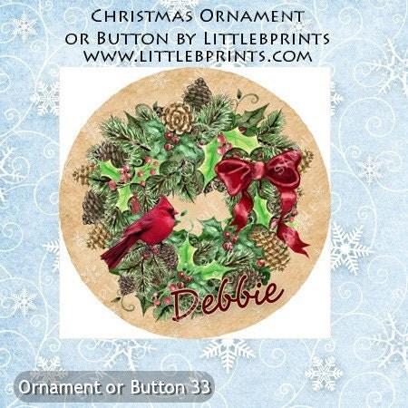 Cardinal Pine Wreath Personalized Snowflake Christmas Tree Ornament