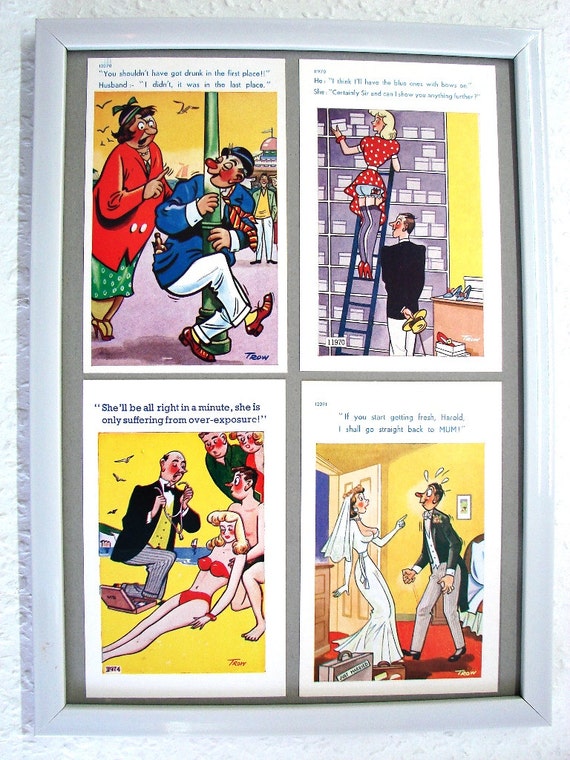 Items similar to Framed Set of four BRITISH Saucy Seaside Postcards for your LOO Giggle While