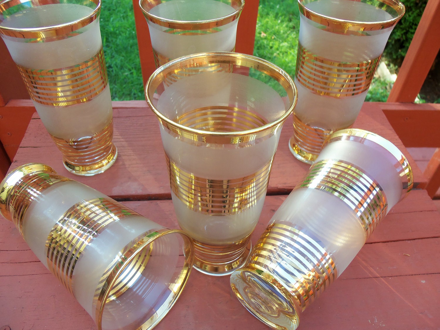 Six Gold Striped Drinking Glasses by ZoladsFinds on Etsy
