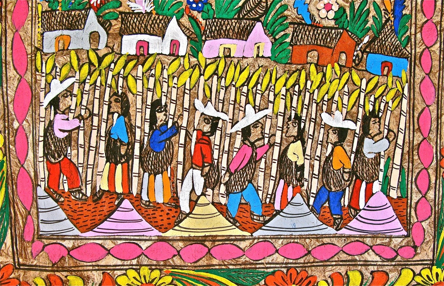 Vintage Mexican Bark Art Amate Painting Signed