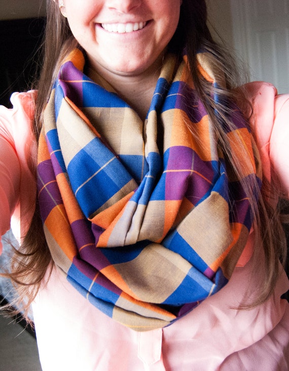 Beautiful Blue and Orange Plaid Infinity Scarf