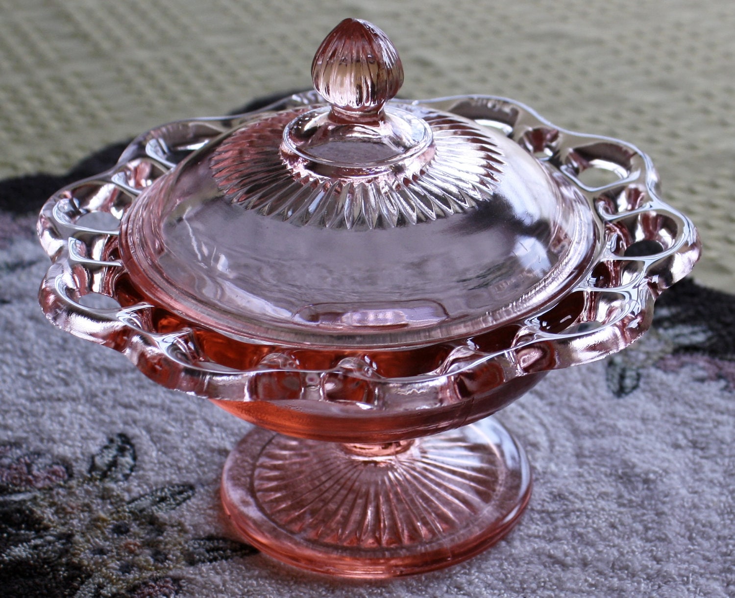 Depression Glass Pink Candy Dish With Lid 1930s Pattern