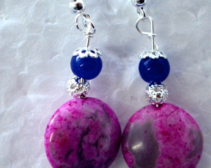 Rhodonite & SapphireGem Bead Earrings, All metal Sterling Silver E124