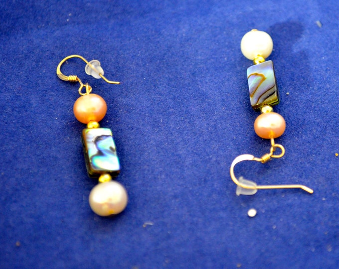 Pearl & Paua Earrings, Natural, Yellow Gold Filled French Hooks E261