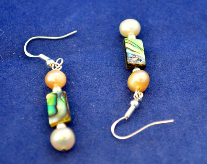 Pearl & Paua Earrings, Sterling Silver, 2 Inches Long E262