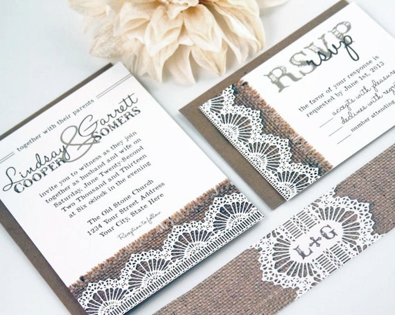 Items similar to Burlap &amp; Lace Wedding Invitation Suite - SAMPLE on Etsy
