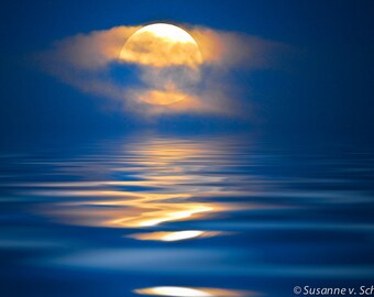Blue Moon, Nature Photography, Moon Rise, Night Sky, Fine Art Print, Water, Lake, Navy Blue, Yellow, Serene, Magical, Reflection, Home Decor