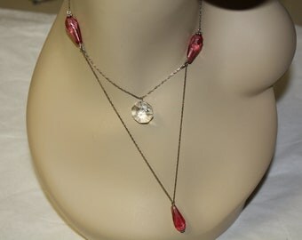 Upcycled Antique Pink Glass Beads and Crystal Necklace Sterling Silver