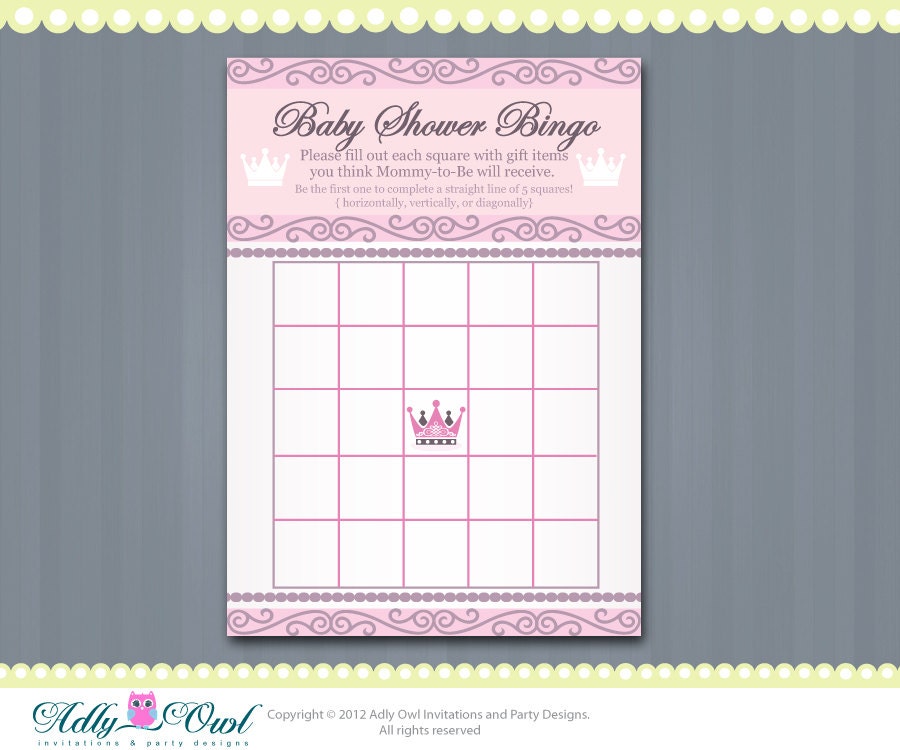 Princess Crown Royal Bingo Game Printable Card for Baby Girl