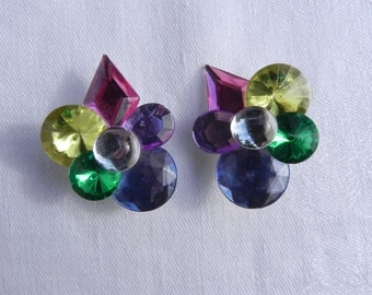 Vintage Clip Earrings Glitz Multicolored Layered